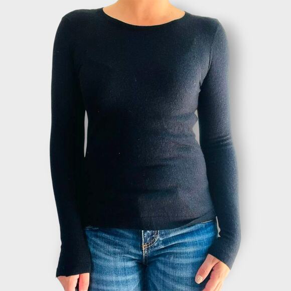 Karoo 100% Cashmere Sweater Knit Black Ruffle Back Long Sleeve Scoop Neck Size S - Picture 1 of 9